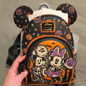 Loungefly Black and Orange Mickey and Minnie Halloween Backpack